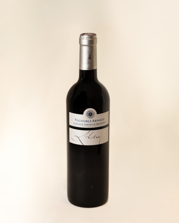 Bouteille de vin rouge L’Adret – Vignoble Arnaud – Coteaux Varois en Provence – Étiquette argentée