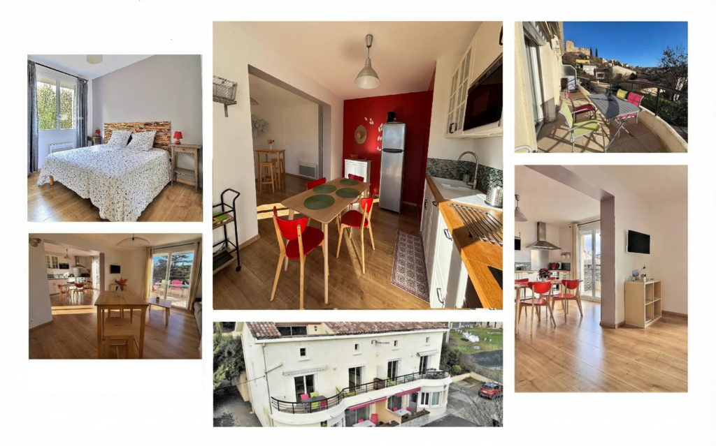 Montage présentant les différentes pièces et espaces de l’appartement La Vigne à Gréoux-les-Bains : chambre, cuisine, salle à manger, terrasse avec vue et façade extérieure.